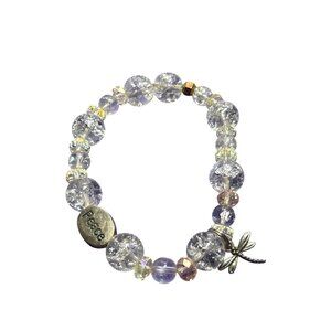 Crackled Glass Bead Stretchy Charm Bracelet Dragonfly Peace 7.25 in Unstretched